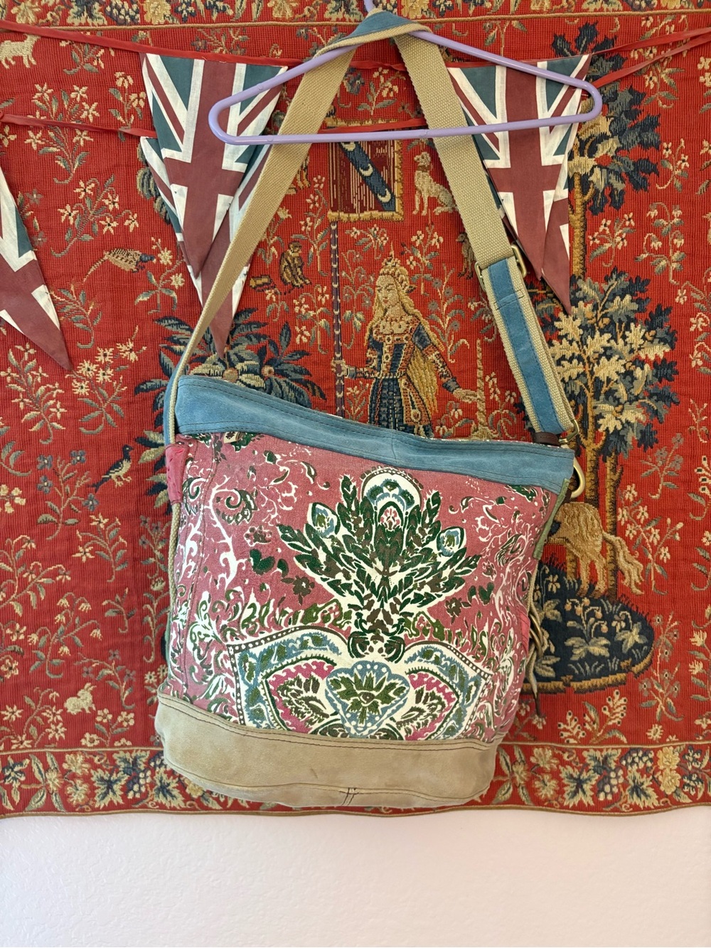 Lucky Brand Pink and Green XL Canvas Leather Shoulder Bag with Tan Suede Trim